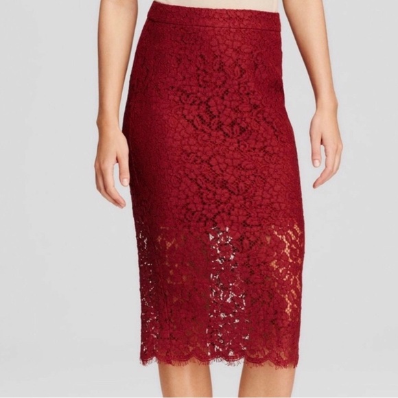 Bardot Floral‎ Lace Overlay Lined Midi Pencil Skirt Burgundy Size XS - Picture 1 of 11